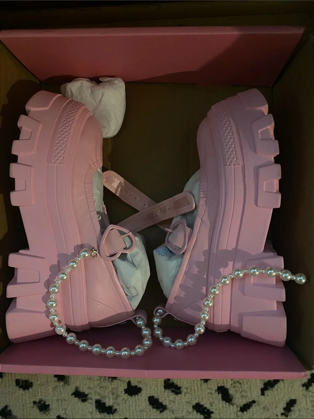 Sugar Thrillz Pink Platform Mary Jane Loafers with Pearl Strap